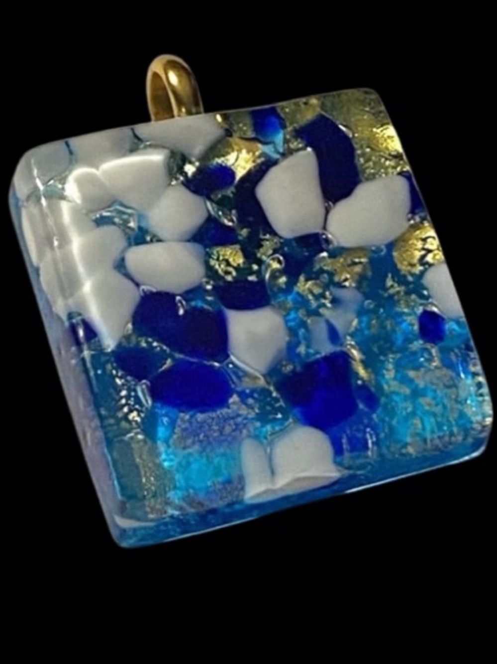 Elegant White Blue & Gold Hand Crafted Fused Glass Murano Style Pendant Square